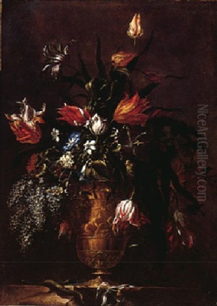 A Still Life Of Variegated Tulips And Other Flowers In An Ormolu Vase - view 1