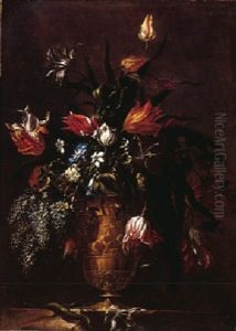 A Still Life Of Variegated Tulips And Other Flowers In An Ormolu Vase by Mario Nuzzi Mario Dei Fiori