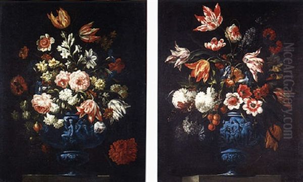 Flowers In A Sculpted Urn On A Stone Ledge - view 1