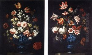 Flowers In A Sculpted Urn On A Stone Ledge