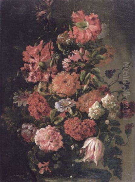 Still Life Of Carnations, Roses, Tulips, Convolvulus, Passion Flowers And Others In A Glass Vase On A Stone Ledge - view 1