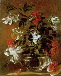 A Still Life Of A Passion Flower, A Daffodil, A Carnation And Other Flowers In A Glass Vase Beside A Split Fig On A Stone Ledge by Mario Nuzzi Mario Dei Fiori