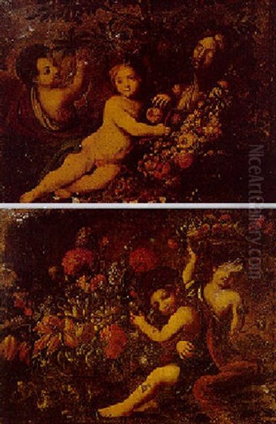 Putti With Carnations, Lilies, Tulips, Peonies And Other Flowers - view 1