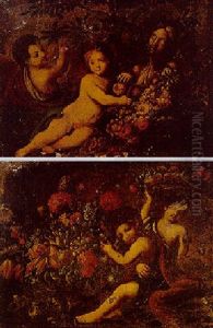 Putti With Carnations, Lilies, Tulips, Peonies And Other Flowers