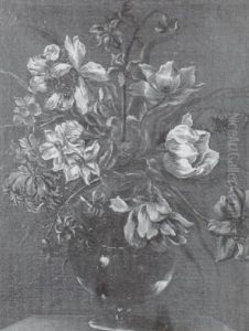 Bouquet De Fleurs Dans Un Vase En Verre Sur Un Entablement by Mario Nuzzi Mario Dei Fiori