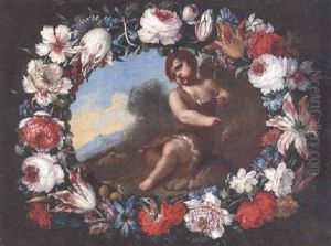 The Infant Saint John The Baptist Surrounded By A Garland Of Flowers by Mario Nuzzi Mario Dei Fiori