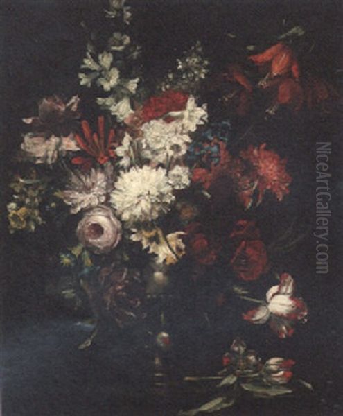 Tulips, Carnations, Roses And Other Flowers In An Urn On A Ledge - view 1
