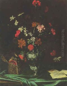 Flowers In A Vase With A Casket Of Jewels And Letters On A Table