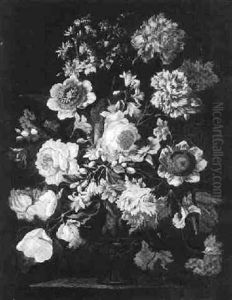 Still Life Of Flowers In A Terracotta Vase On A Stone Ledge by Mario Nuzzi Mario Dei Fiori