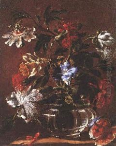 A Still Life Of A Passion Flower, Daffodill, Carnation And Other Flowers In A Glass Vase Beside A Split Fig On A Stone Ledge by Mario Nuzzi Mario Dei Fiori