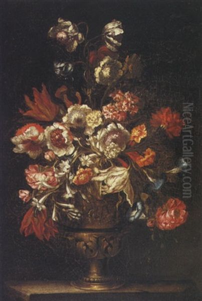 Still Life Of Tulips, Carnations, Roses, Stephanotis And Other Flowers In An Urn On A Stone Ledge - view 1