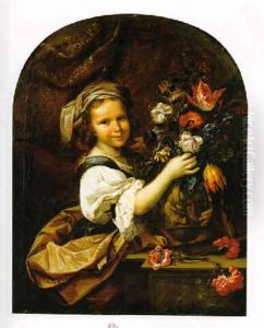 Ritratto Di Una Fanciulla Con Un Mazzo Di Fiori - Capparis Sinosa, Tulipani, Anemoni, Garofani by Mario Nuzzi Mario Dei Fiori