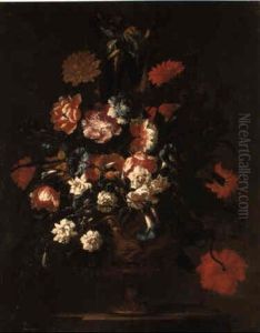 Poppies, Irises, Carnations And Other Flowers In A Terracotta Vase On A Ledge by Mario Nuzzi Mario Dei Fiori