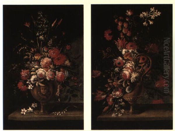 Carnations, Roses, Tulips And Other Flowers In An Urn On A Ledge - view 1