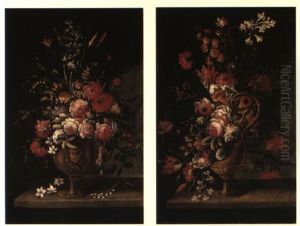 Carnations, Roses, Tulips And Other Flowers In An Urn On A Ledge