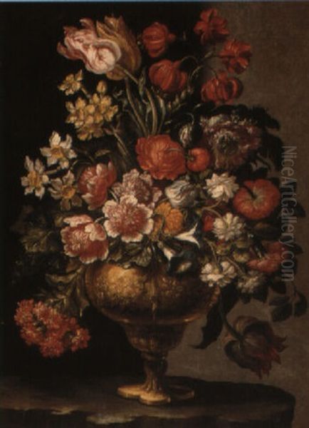 Still Life Of Flowers In A Vase On A Ledge - view 1