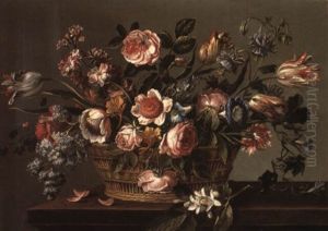 Still Life Of Roses And Other Flowers In A Basket On A Stone Ledge