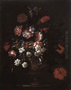 Poppies And Other Flowers In A Vase On A Stone Ledge by Mario Nuzzi Mario Dei Fiori