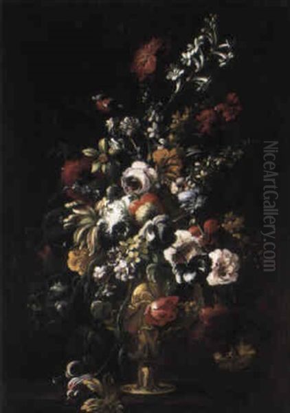 Flowers In Sculpted Urn On Ledge - view 1