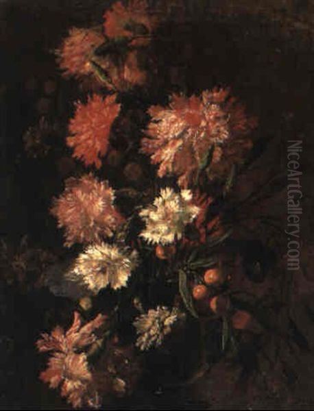 Still Life With Carnations And Other Flowers In A Vase On A Ledge - view 1