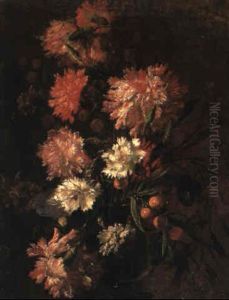 Still Life With Carnations And Other Flowers In A Vase On A Ledge by Mario Nuzzi Mario Dei Fiori