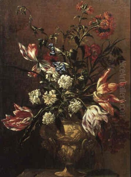 Still Life With Assorted Flowers In An Urn On A Plinth - view 1