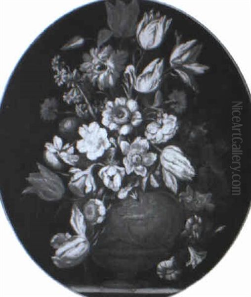 Still Life Of Flowers In Carved Urn On Stone Ledge - view 1