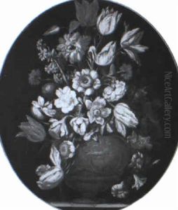 Still Life Of Flowers In Carved Urn On Stone Ledge by Mario Nuzzi Mario Dei Fiori