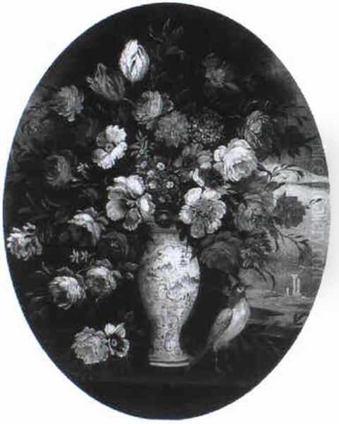 Carnations, Tulips And Other Flowers In A Vase On On A Ledge With A Bird - view 1