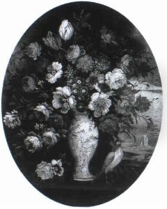 Carnations, Tulips And Other Flowers In A Vase On On A Ledge With A Bird by Mario Nuzzi Mario Dei Fiori
