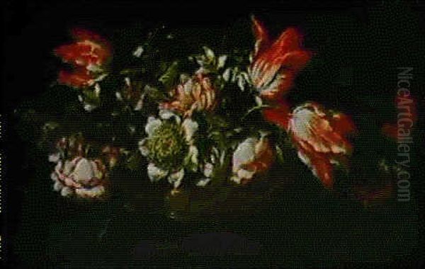 Corbeille De Fleurs Sur Un Tapis Bleu - view 1