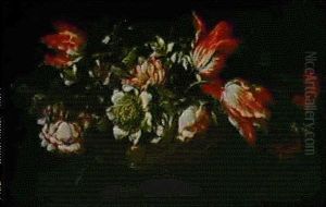 Corbeille De Fleurs Sur Un Tapis Bleu by Mario Nuzzi Mario Dei Fiori