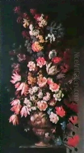 Bouquet De Fleurs Dans Un Vase Sculpte, Pose Sur Un Entablement - view 1