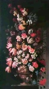 Bouquet De Fleurs Dans Un Vase Sculpte, Pose Sur Un         Entablement
