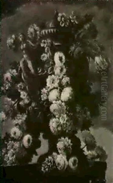 Still Life Of Flowers Encircling A Sculpted Urn Resting On  A Ledge - view 1