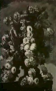 Still Life Of Flowers Encircling A Sculpted Urn Resting On  A Ledge