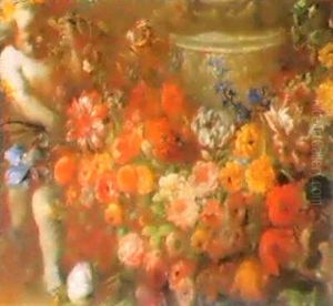 Natura Morta Di Fiori Con Putto A Sinistra E Vaso A         Destra