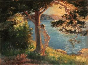 A Nude Overlooking A Lake At Sunset by Lennart Nyblom