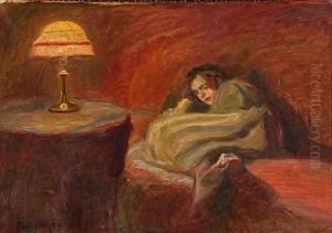 Interior With Table Lamp And Lying Woman by Poul Friis Nybo