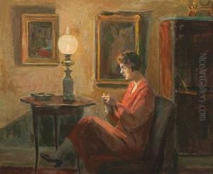Woman Doing Needlework In The Glow Of The Lamp by Poul Friis Nybo