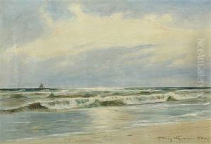 Coastal Scenery With Breaking Waves And A Sailboat In The Background by Poul Friis Nybo