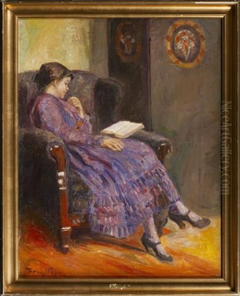 Jeune Femme A La Robe Violette Lisant - view 1