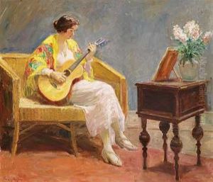 En Ung Kvinde Med Blomstret Sjal Spiller Pa Guitar I En Kurvesofa