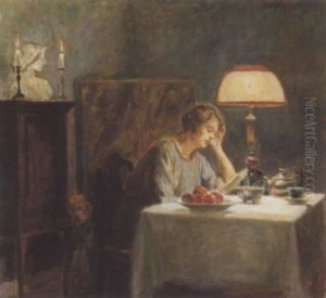 Laesende Kvinde I Lampelysets Skaer by Poul Friis Nybo