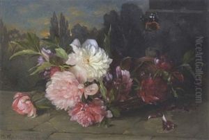 Stillleben Mit Pfingstrosen Und Schmetterling by Marie Nyl-Frosch