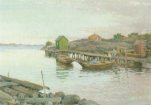 Skargardslandskap Med Bryggor Och Batar - Motiv Fran Moja by Hilding Nyman