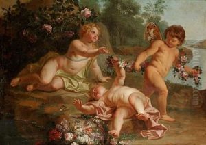 Putti Desporting With Garlands Of Flowers In A River Landscape by Dionys van Nymegen