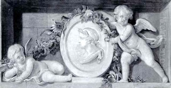 Putti In A Niche With A Portrait Relief Surrounded With A Garland Of Flowers - view 1