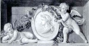 Putti In A Niche With A Portrait Relief Surrounded          With A Garland Of Flowers