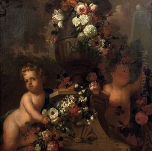Putti Playing With Garlands Of Flowers By A Classical Urn In A Park Landscape by Elias van Nymegen